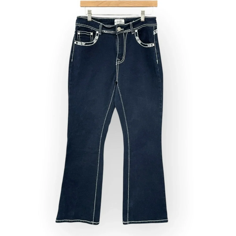 Y2K Womens Embroidered Rhinestone Bootcut Jeans Size 15x30 Dark Wash Western